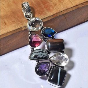 Stunning! Botswana Agate White Topaz Ethnic Handmade Pendant Jewelry 3"